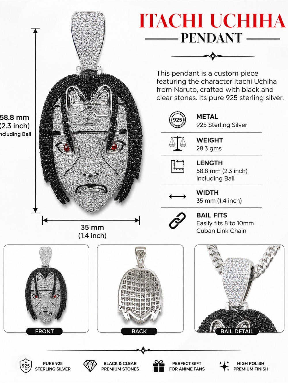 Itachi Uchiha Mask Pendant in Black, Silver & Red